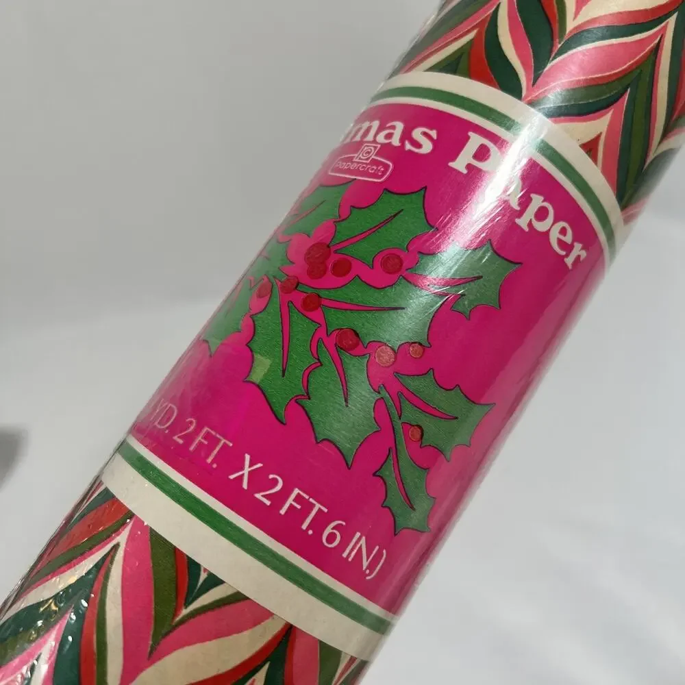 Vintage Roll Gift Wrap Christmas Paper Papercraft Pink Green Mod SEALED Wrapping